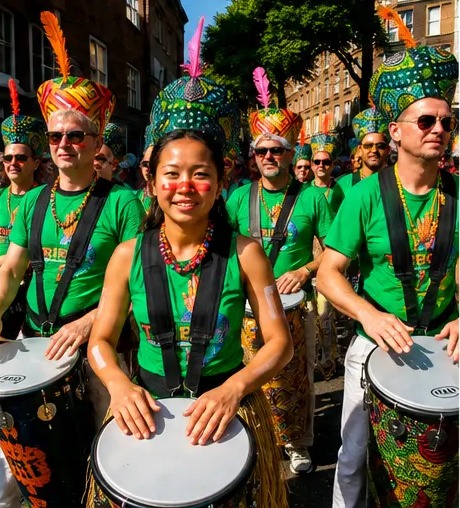 TRIBO drummers in green shirts and feathered headdresses playing surdos in a London street