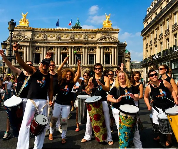 TRIBO drummers parading with surdos and repiniques in front of a grand European opera house