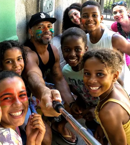 Marcos Santana taking a selfie with a group of smiling children with painted faces
